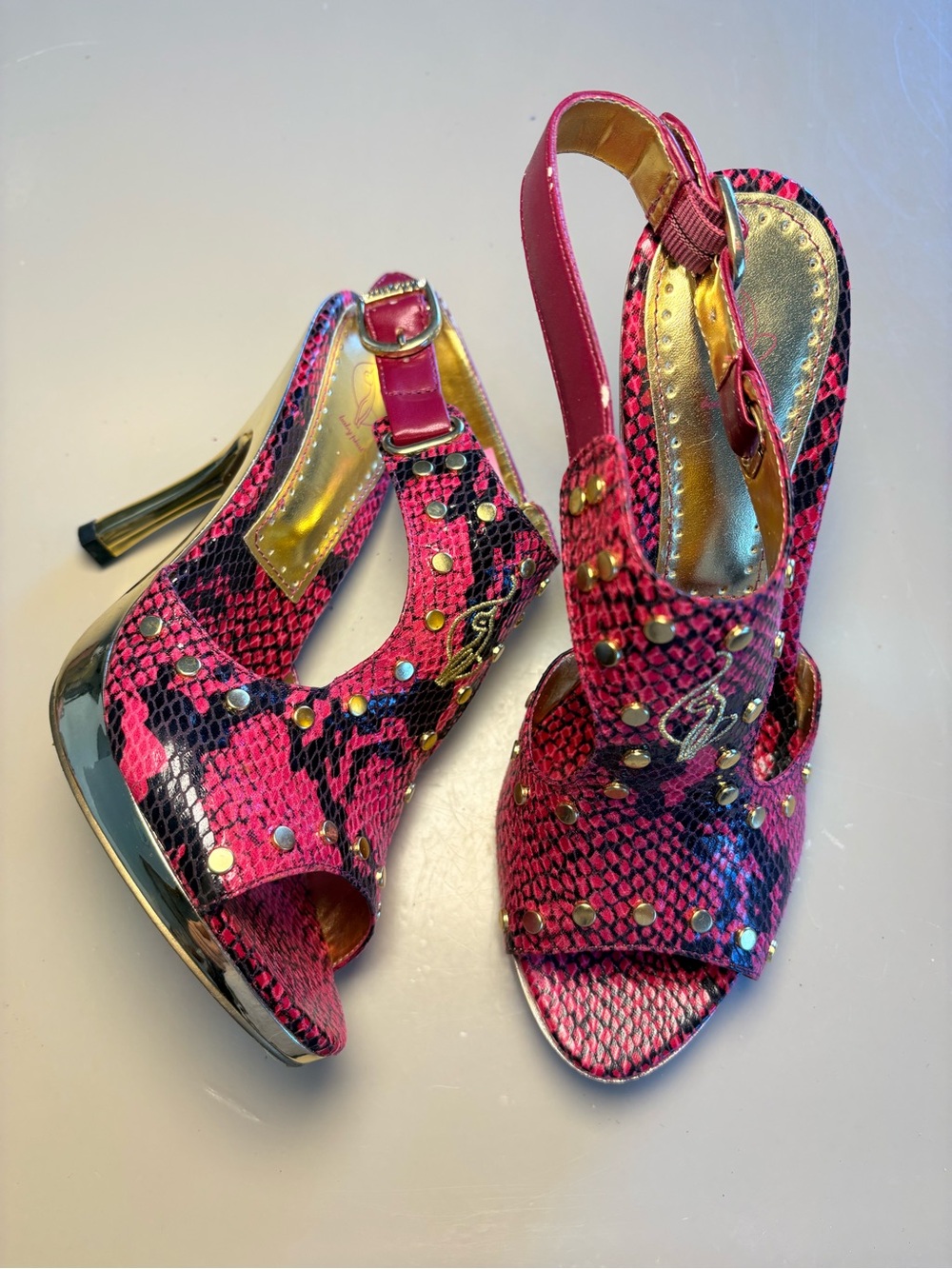 Y2K Baby Phat Vintage Pink High Heel Sandals with Pink Snake Print Gold